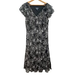 Jones New York‎ Signature Black White Floral Silk Dress Flutter Sleeve 16W